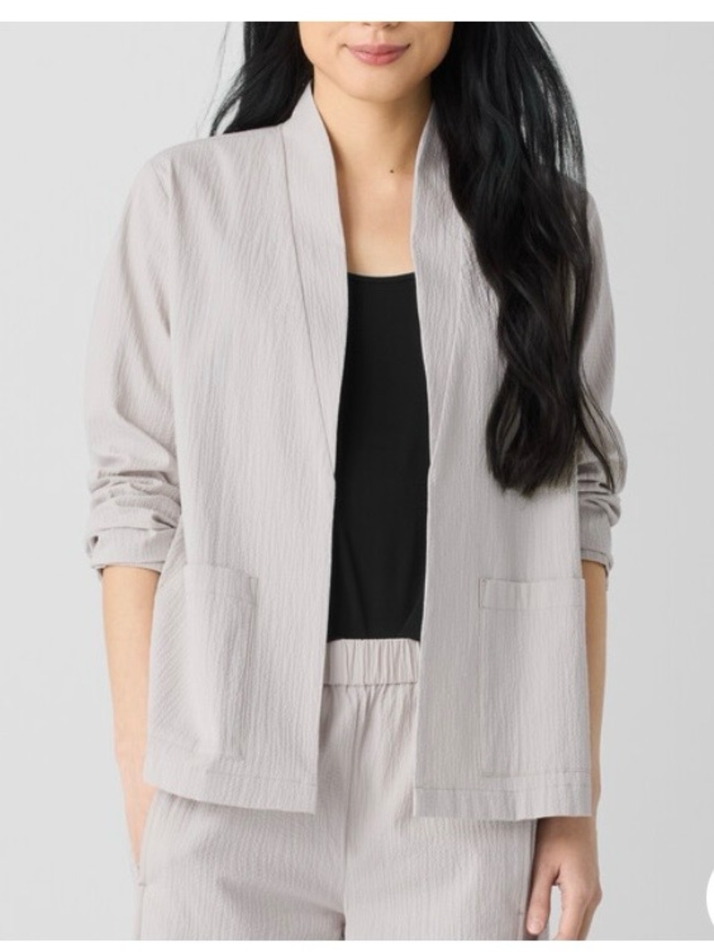 Eileen Fisher Light Gray Puckered High Collar Organic Cotton Open Front Jacket